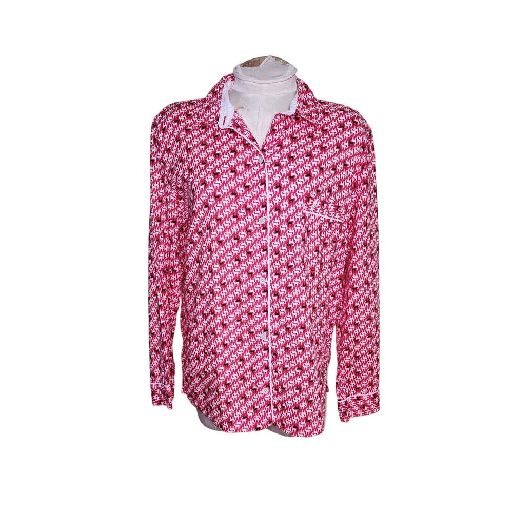 Victoria Secret Pajama Top Sleep Shirt M Cotton lightweight‎ Pink deer Holiday